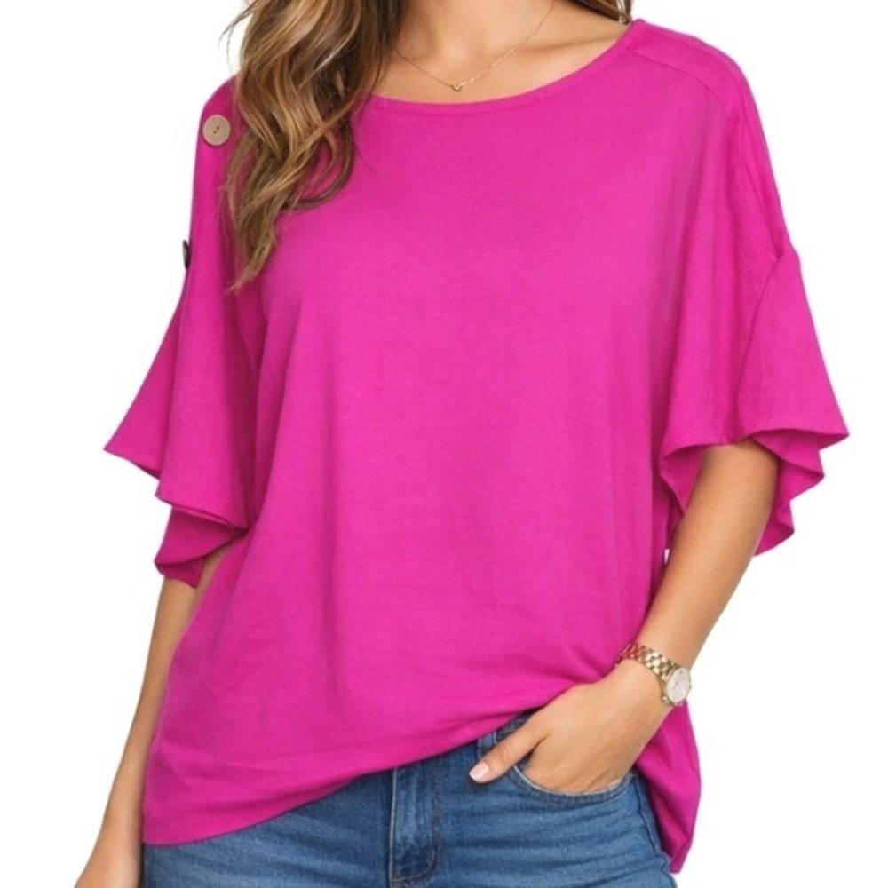 Ellen Tracy Fuchsia Pink Linen Blend Flutter Sleeve Button Shoulder‎ Top Large